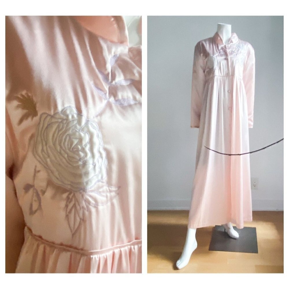 Vintage Natori Light Pink Quilted Floral Full Lenght House Coat Robe L